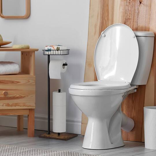 Black Freestanding Toilet Paper Holder Stand with Basket